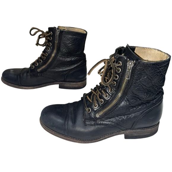 FRYE Tyler Double Zip Leather Combat Moto Laced Ankle Boots   Size: 6.5 B - Picture 4 of 8